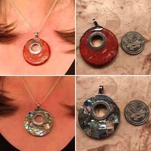 Reversible sterling ,Orange Jasper and mosaic abalone pendant